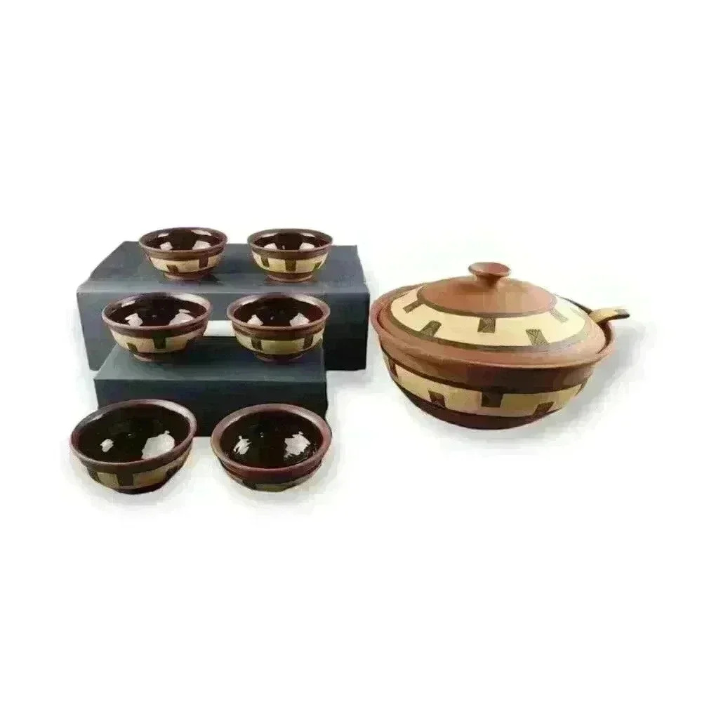 Hand Thrown Art Pottery Soup Tureen & Bowls Gabane, Botswana African Tribal Art